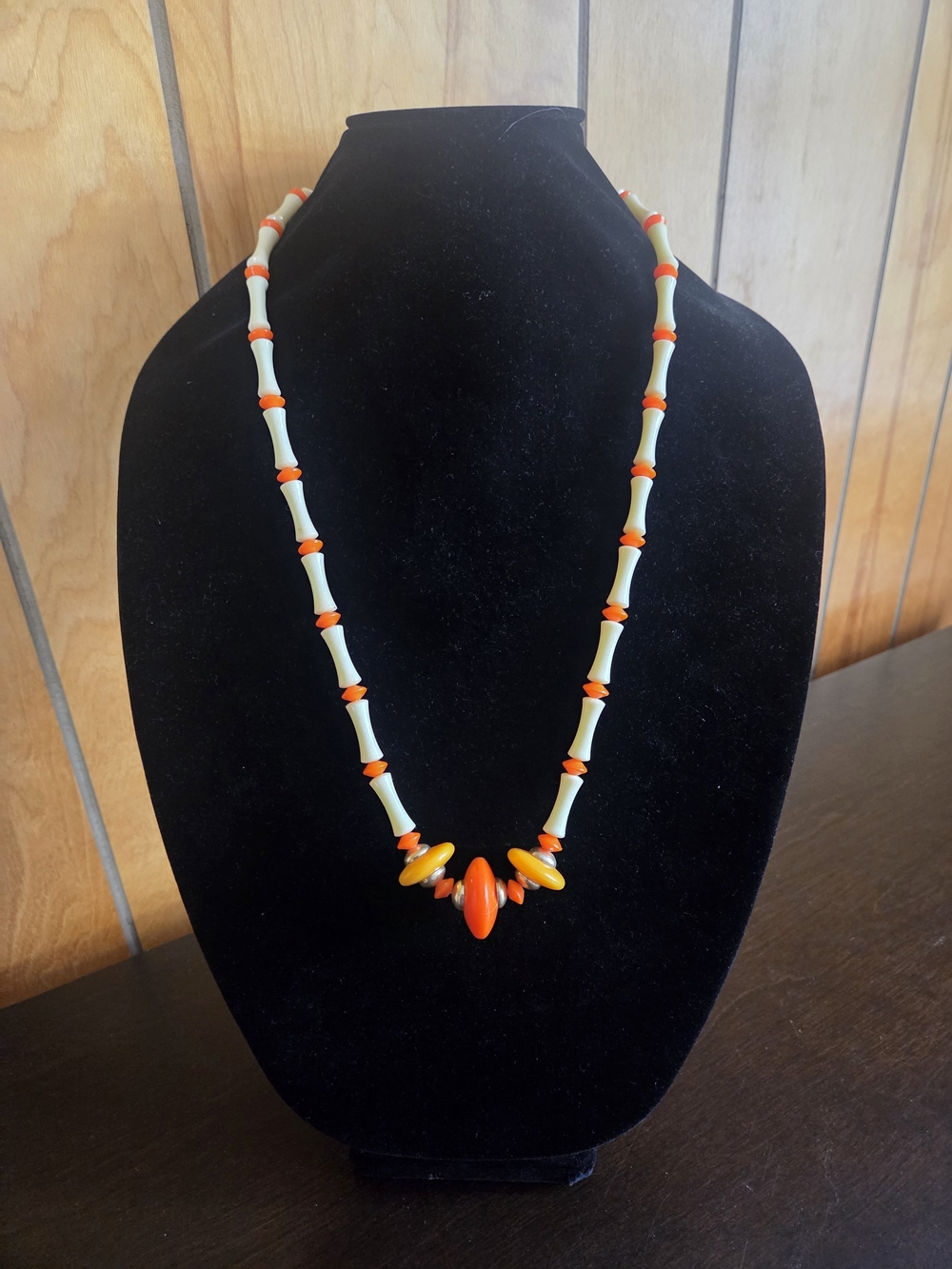 Vintage Costume Jewelry Necklace with Mod Cream/Orange Beads 30"